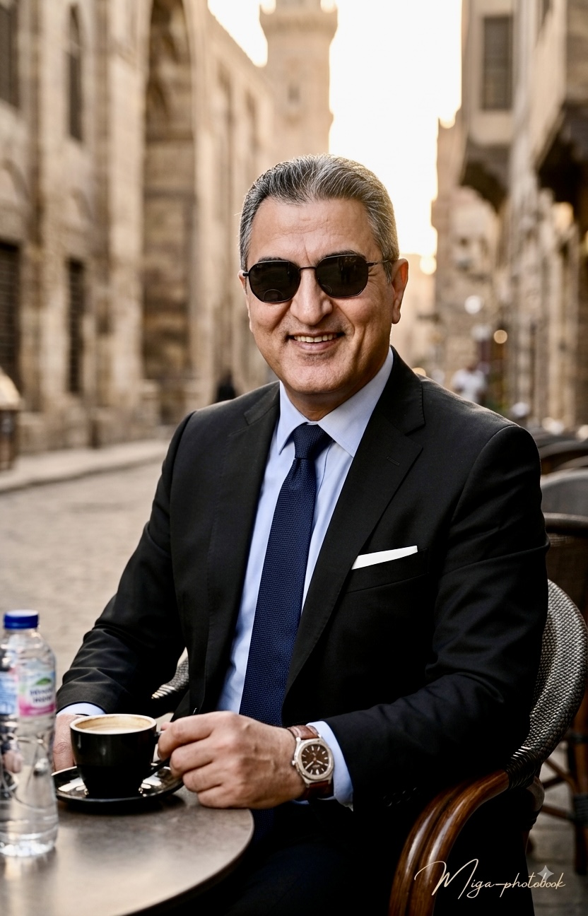 تحويل صورة بالذكاء الاصطناعي — بدلة سوداء بمقهى القاهرة القديمة