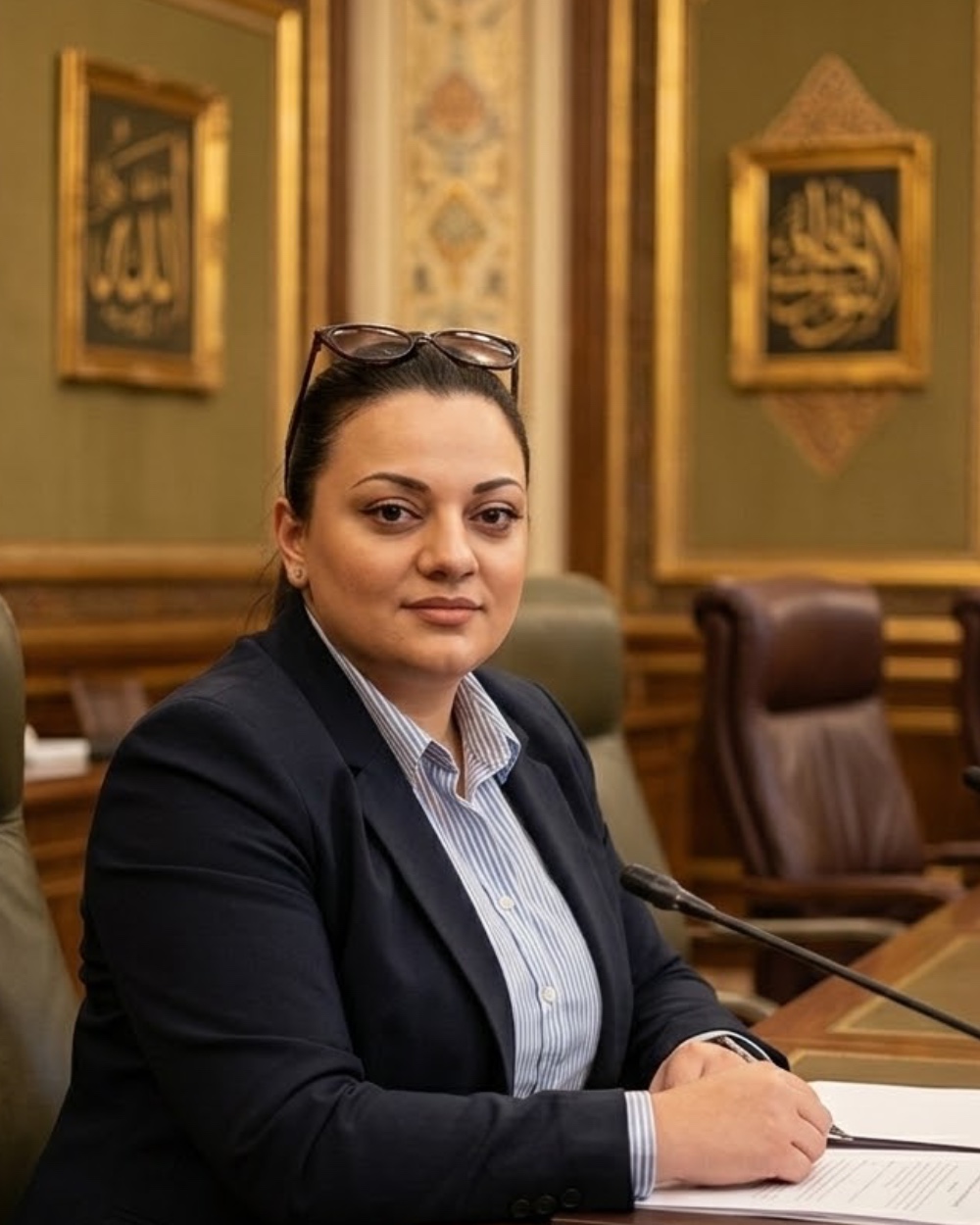 تحويل صورة بالذكاء الاصطناعي — مسؤولة في قاعة الاجتماعات الرسمية