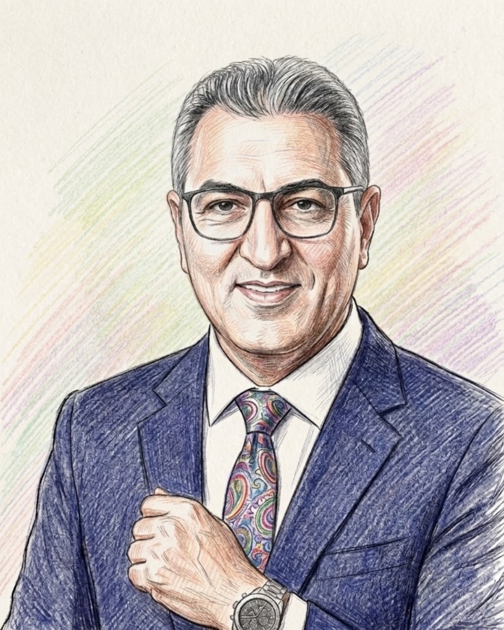 تحويل صورة بالذكاء الاصطناعي — رسم بالألوان الخشبية ببدلة زرقاء