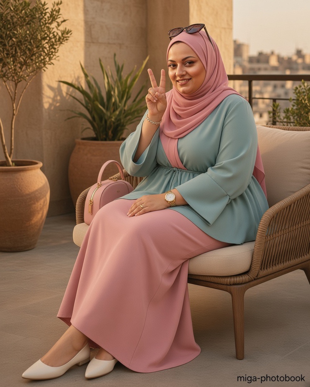 تحويل صورة بالذكاء الاصطناعي — حجاب وردي على التراس