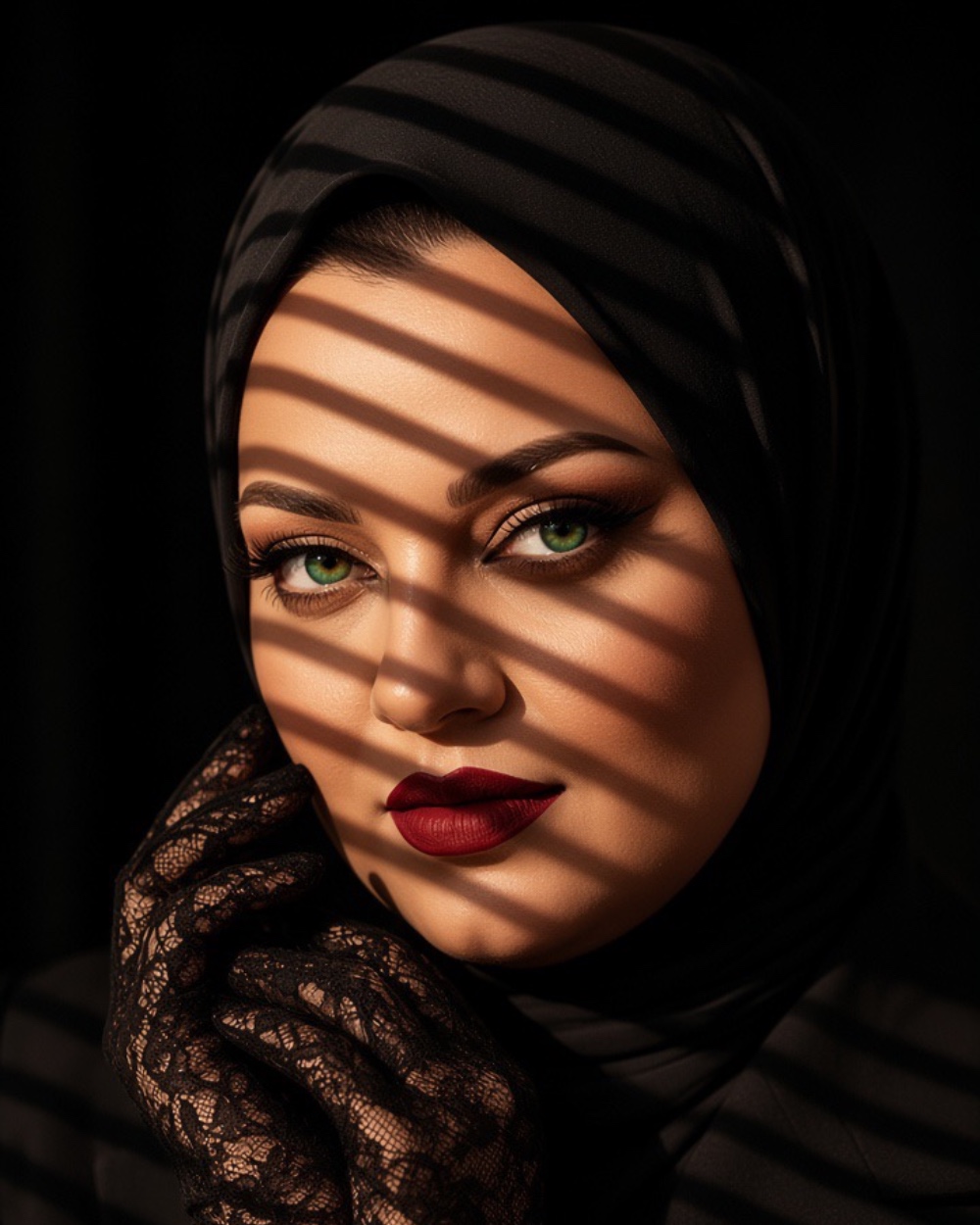 تحويل صورة بالذكاء الاصطناعي — حجاب أسود بظلال الشيش
