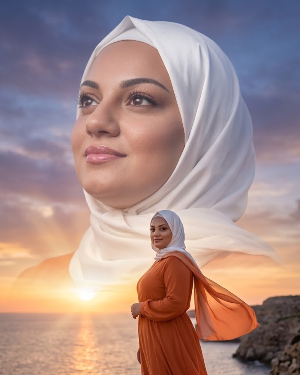 تحويل صورة بالذكاء الاصطناعي — حجاب أبيض وغروب البحر