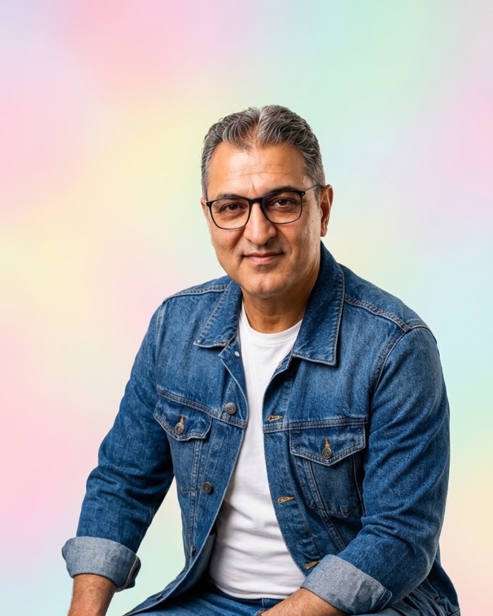 تحويل صورة بالذكاء الاصطناعي — جاكيت جينز بخلفية ملونة