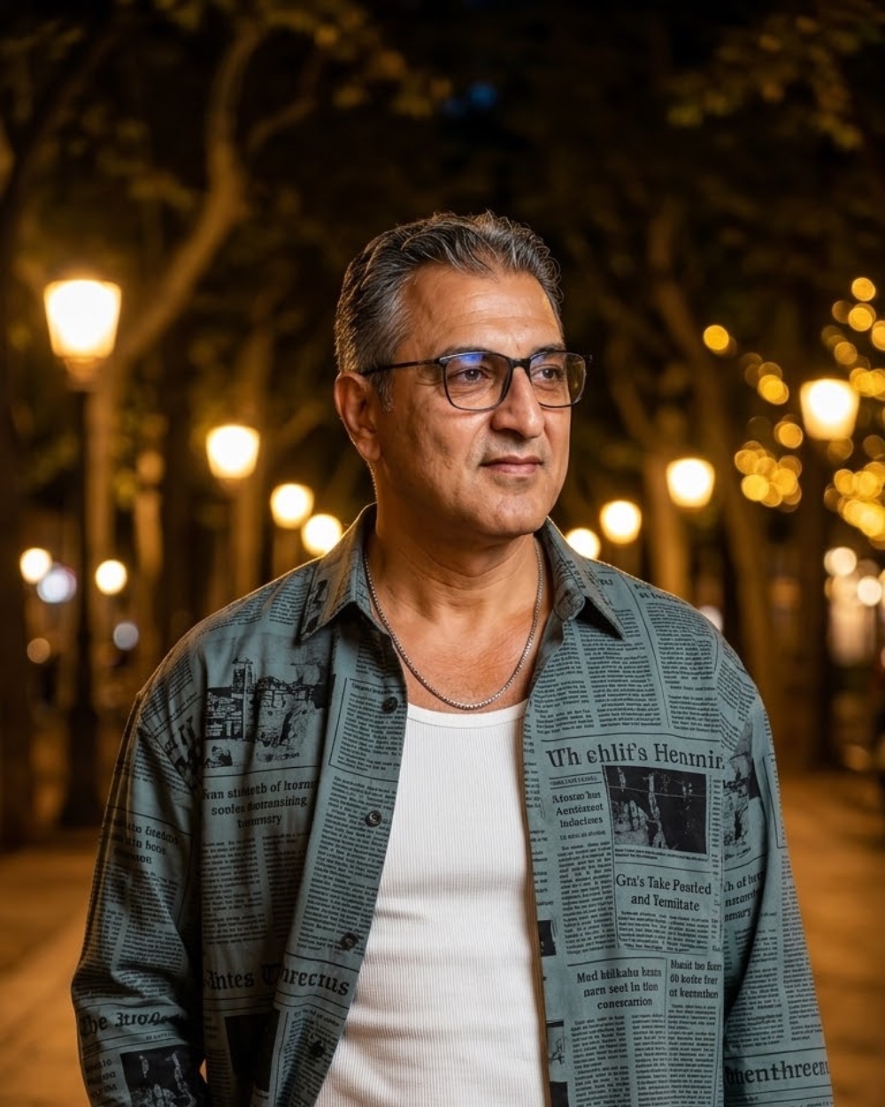 تحويل صورة بالذكاء الاصطناعي — قميص جرائد في ممشى ليلي