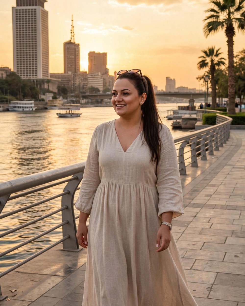 تحويل صورة بالذكاء الاصطناعي — فستان بيج على كورنيش النيل