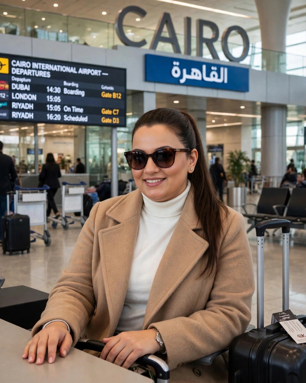 تحويل صورة بالذكاء الاصطناعي — معطف جملي في مطار القاهرة