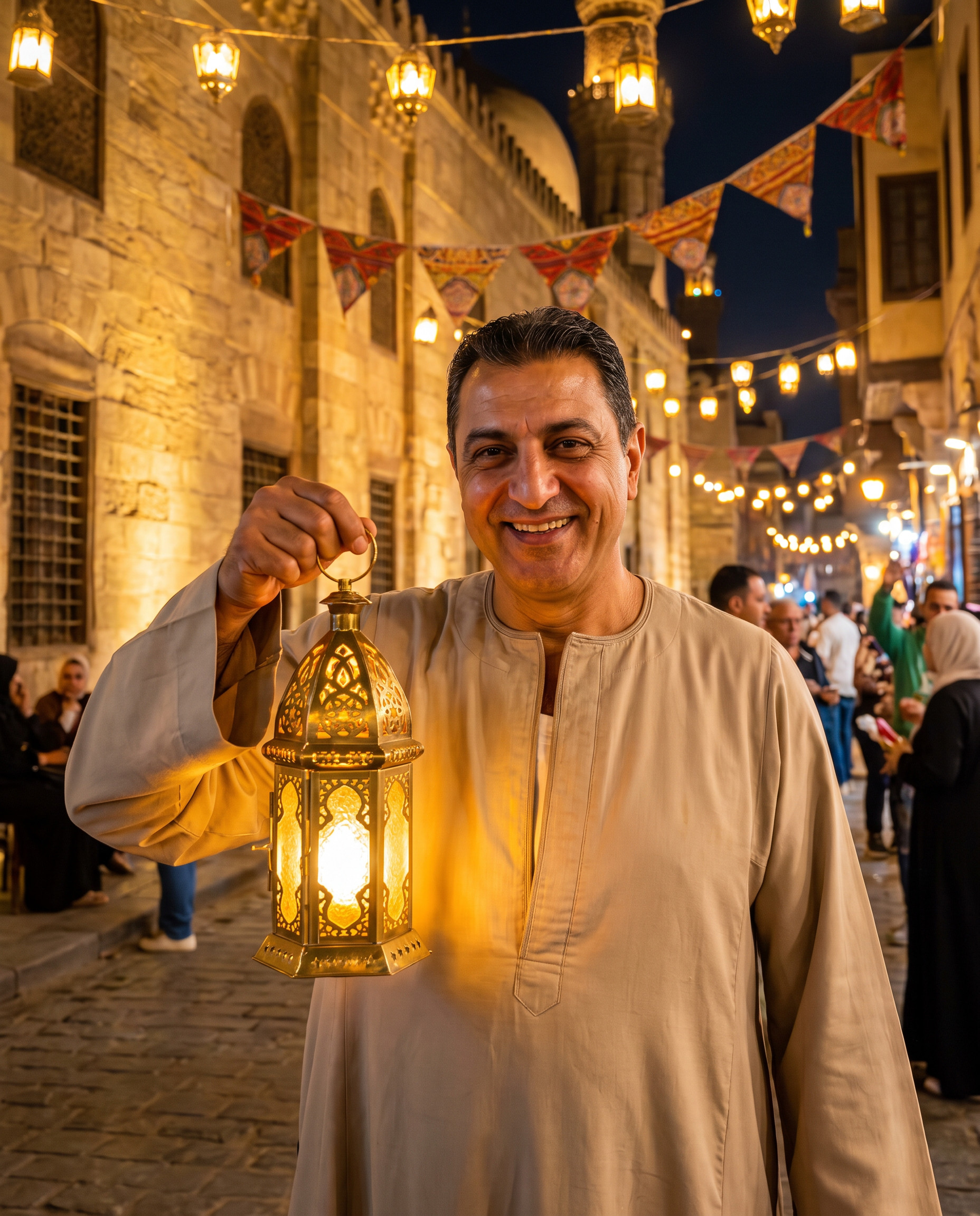 تحويل صورة بالذكاء الاصطناعي — فانوس رمضان في شارع المعز (رجالي)